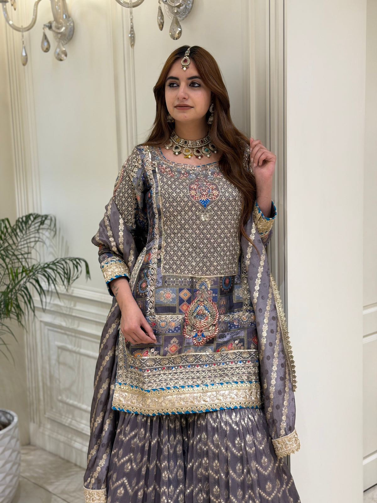 Ash Grey Silk Gharara Set