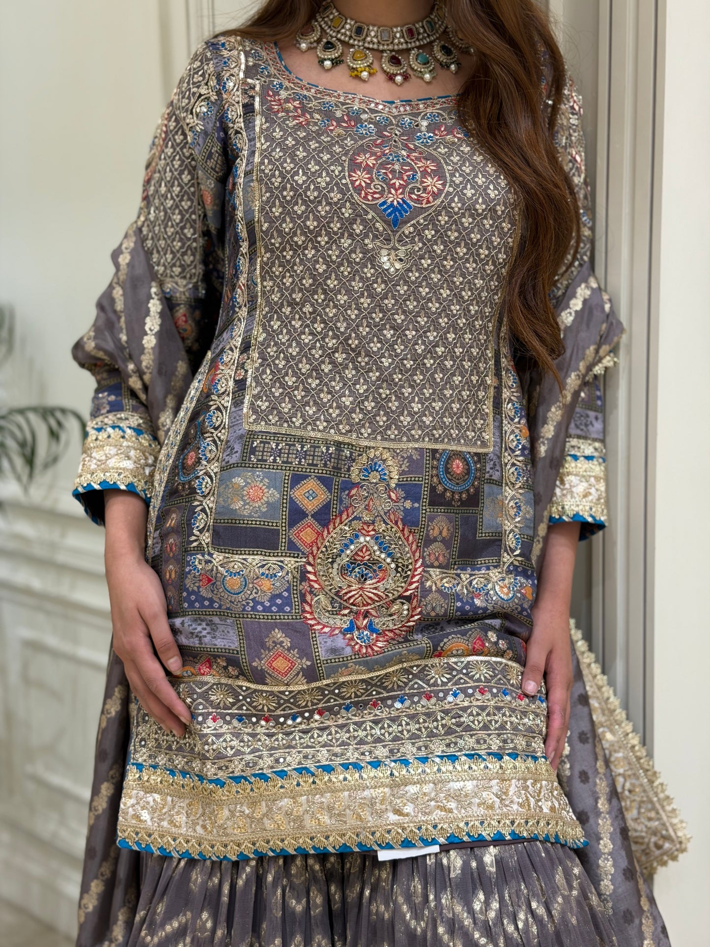 Ash Grey Silk Gharara Set