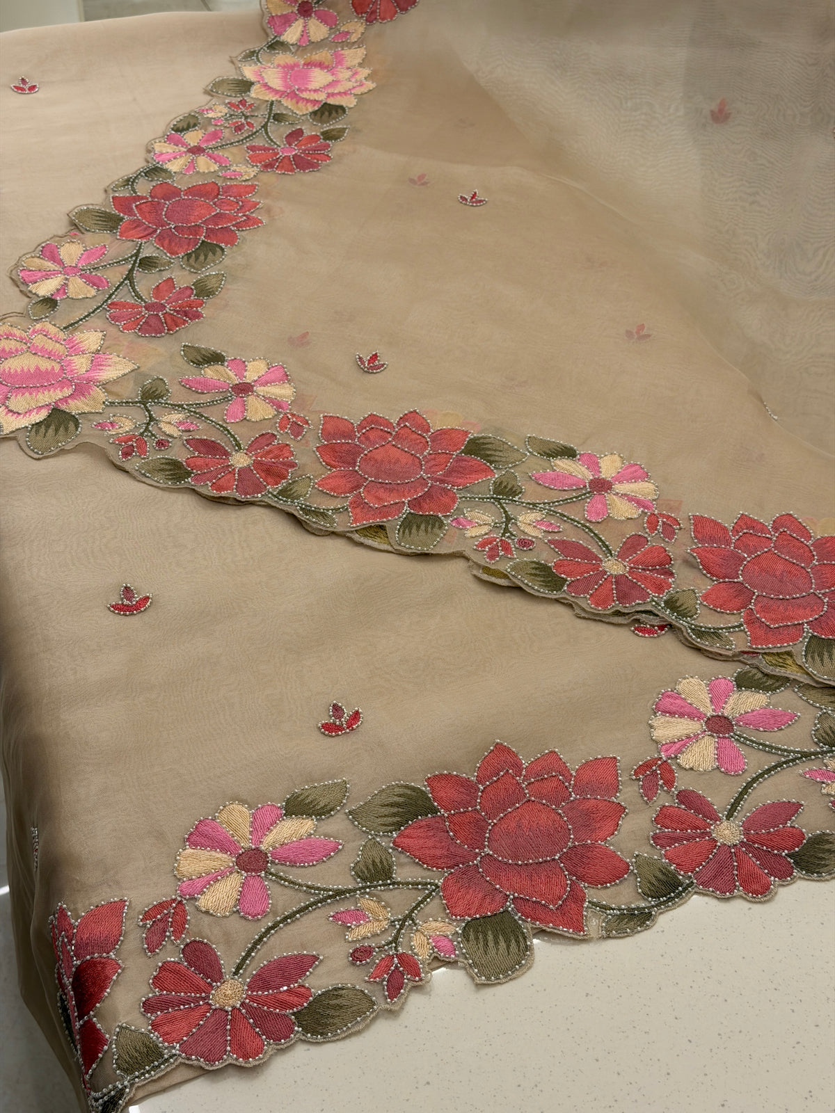 Taupe Blossom Organza Suit