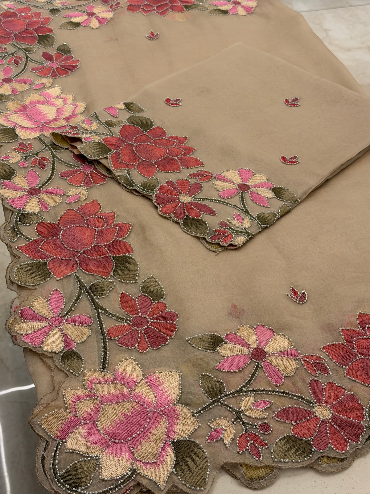 Taupe Blossom Organza Suit