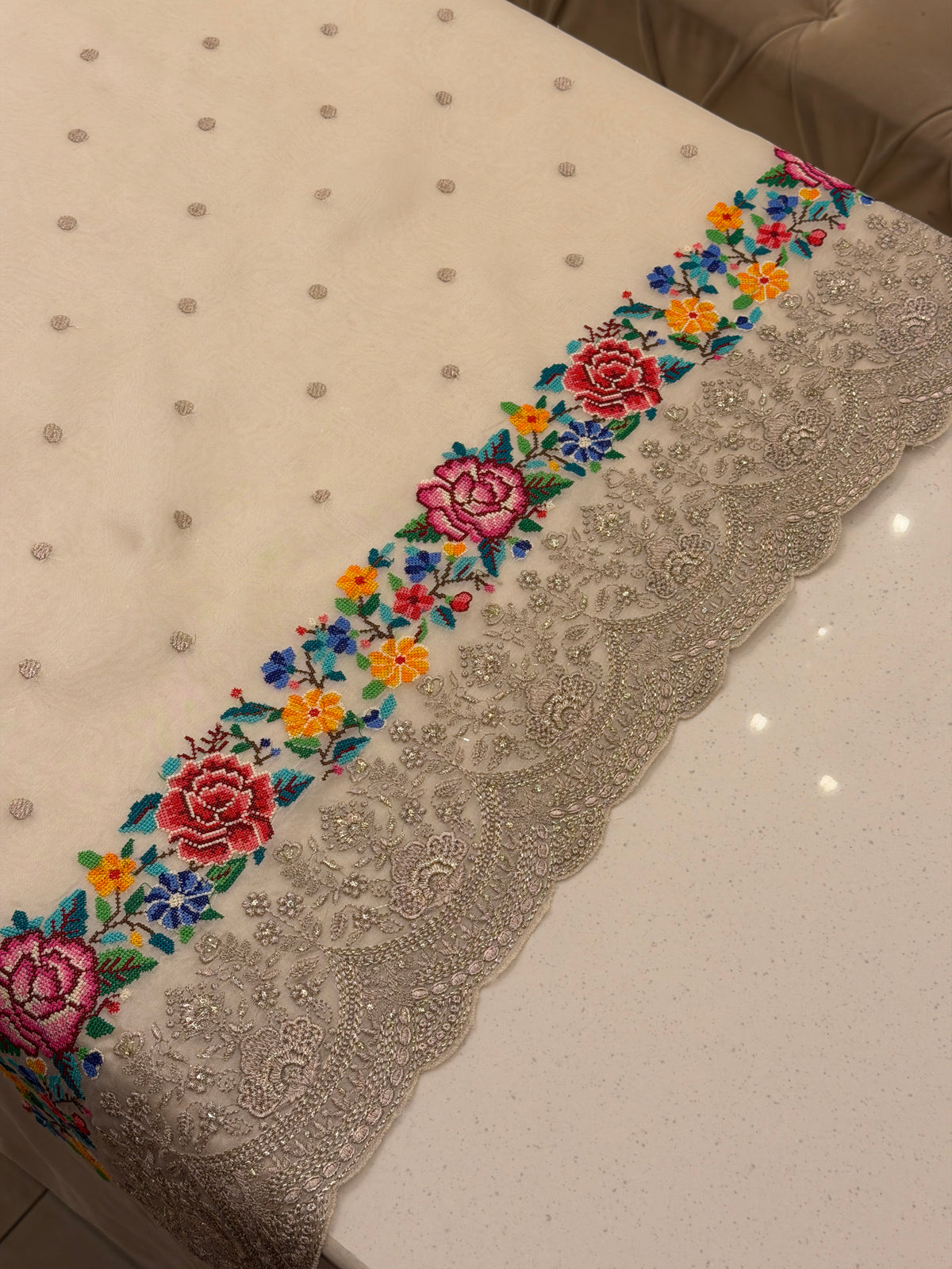 Ivory Pure Organza Cross Stitch Luxury Suit