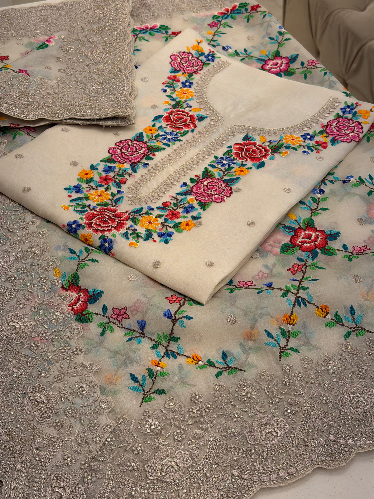 Ivory Pure Organza Cross Stitch Luxury Suit