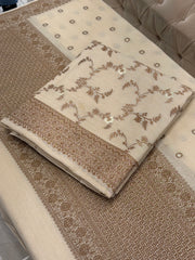 Classic Ivory Pure Monga Silk Suit With Antique Sari Work