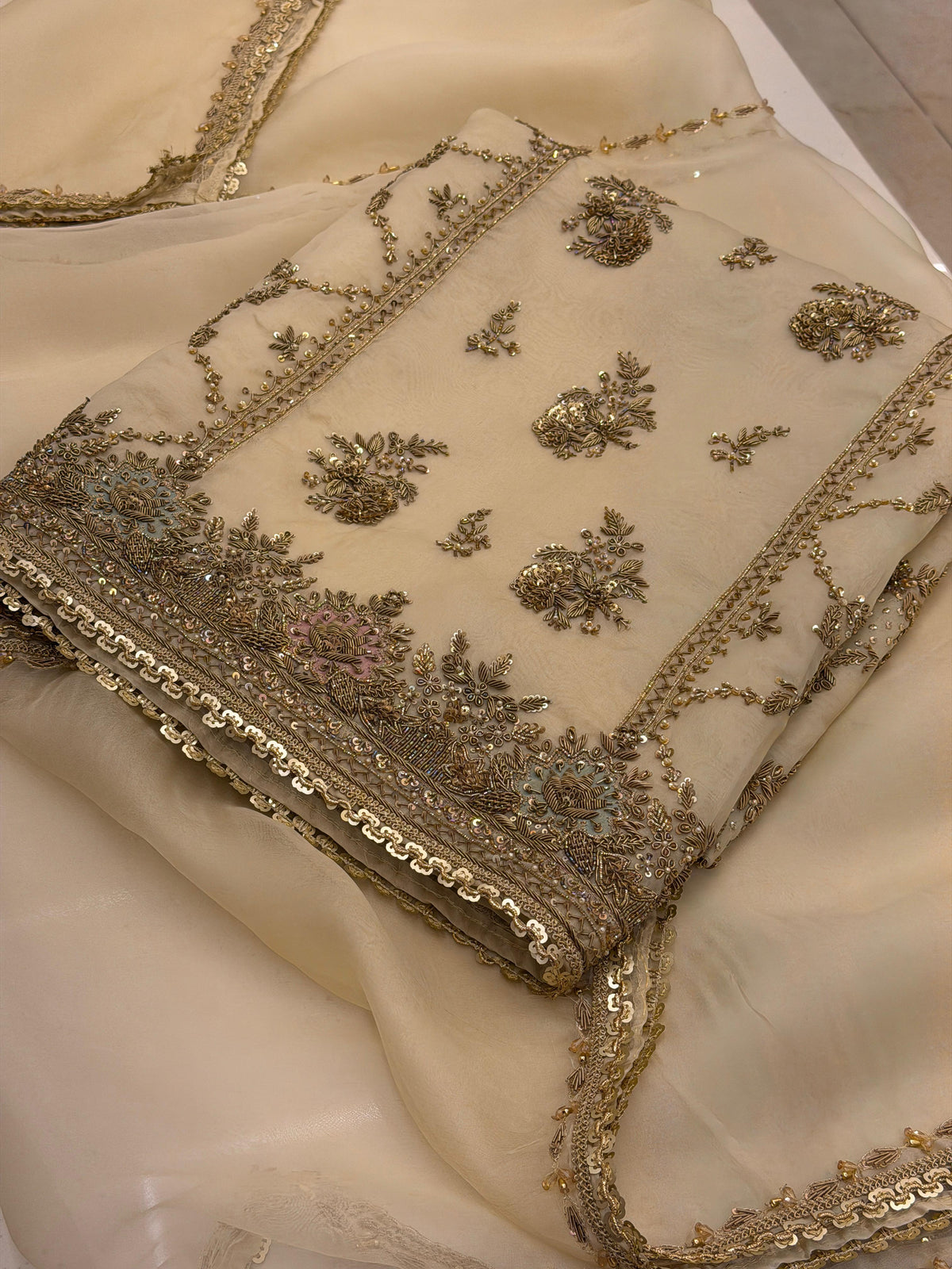 Champagne Garden – Pure Organza Embroidered Suit