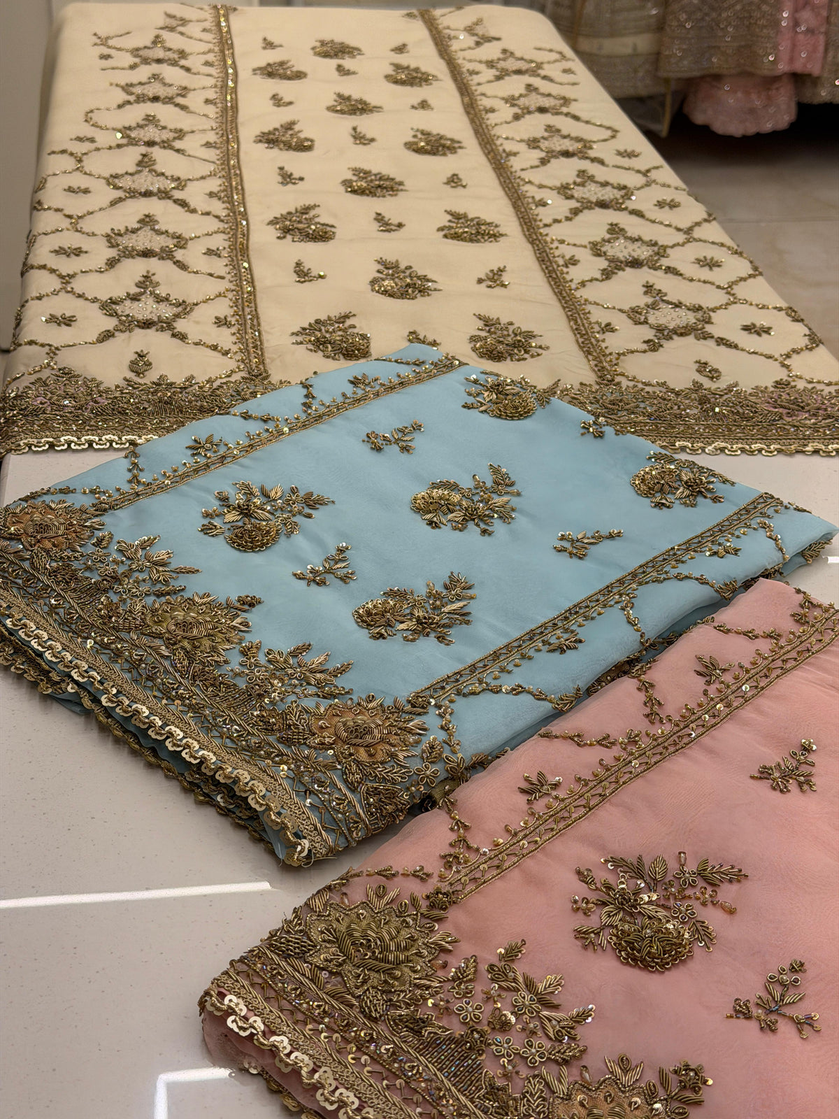 Champagne Garden – Pure Organza Embroidered Suit